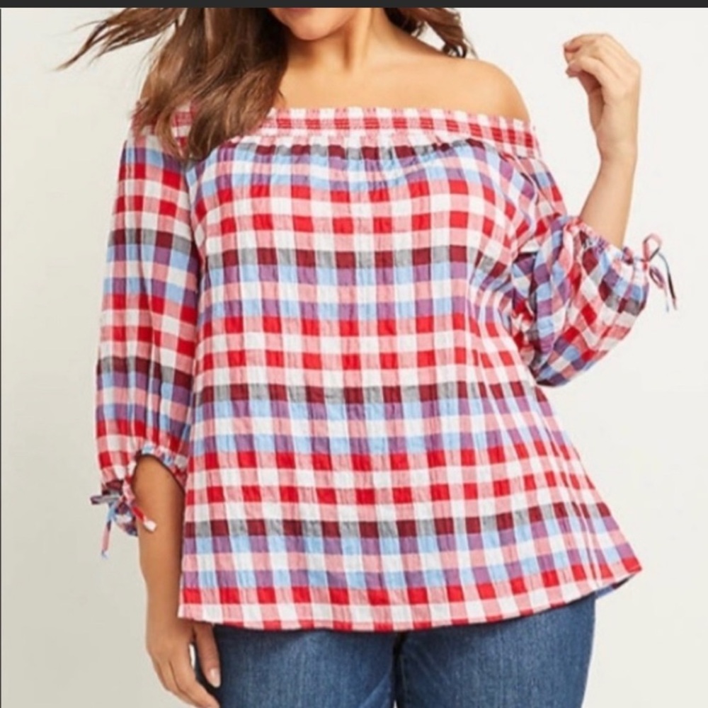 Lane Bryant Off Should Plaid Blouse